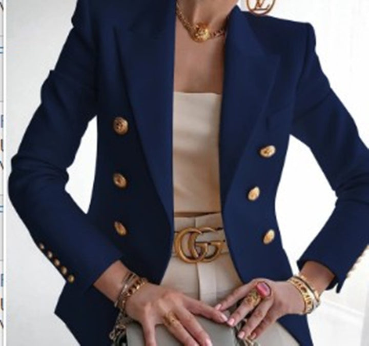 Damen eleganter Double-Breasted Blazer mit goldenen Knöpfen Drune