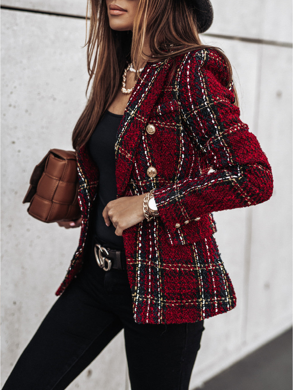 Damen Tweed Blazer im klassischen Karomuster mit goldenen Knöpfen Drune