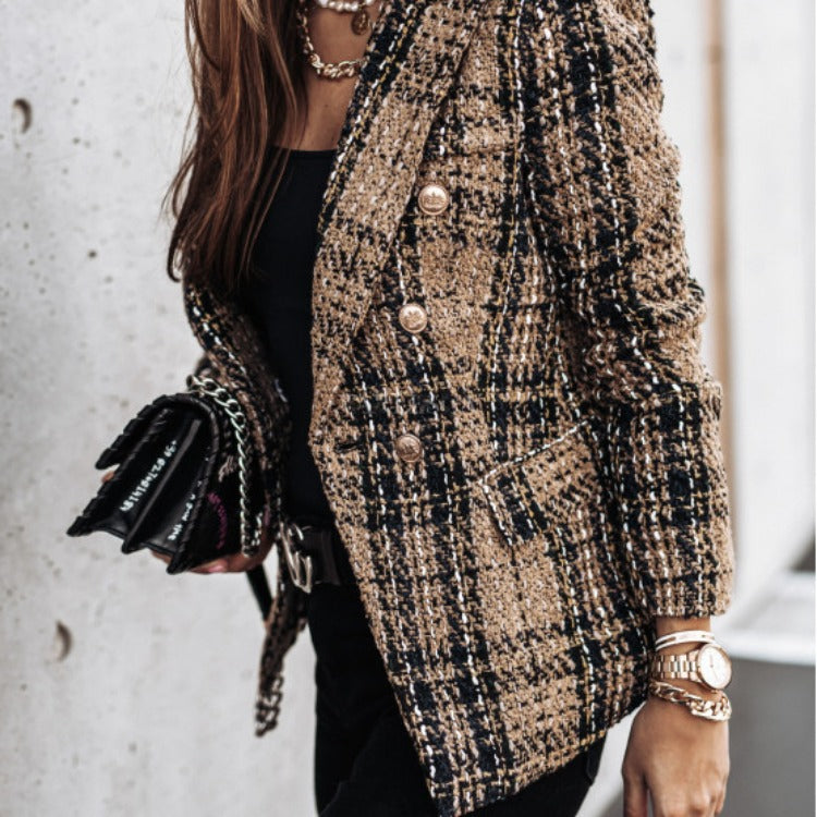 Damen Tweed Blazer im klassischen Karomuster mit goldenen Knöpfen Drune