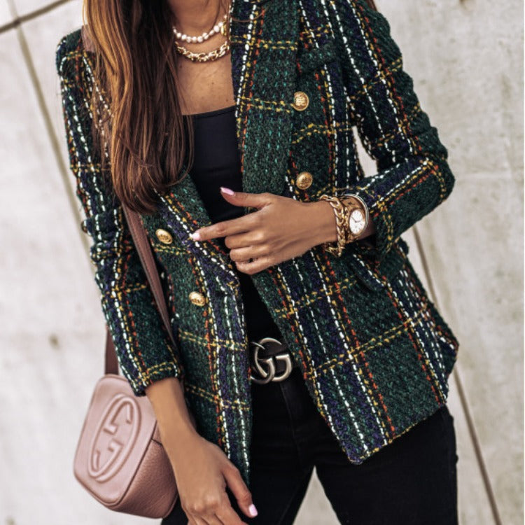 Damen Tweed Blazer im klassischen Karomuster mit goldenen Knöpfen Drune