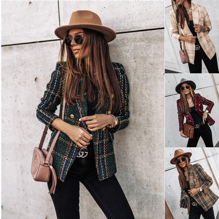 Damen Tweed Blazer im klassischen Karomuster mit goldenen Knöpfen Drune