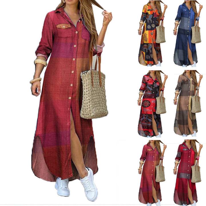 Damen nan langes Hemdkleid mit floralem Muster und seitlichem Schlitz Drune