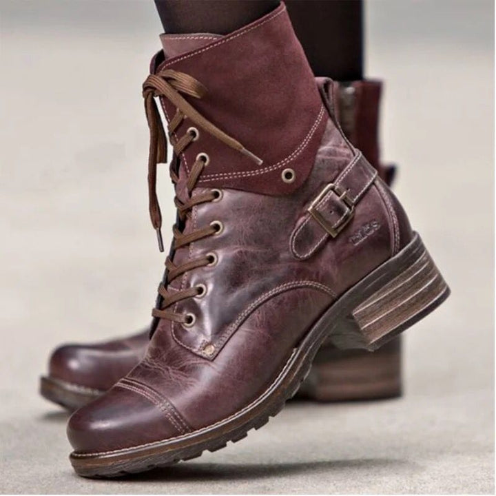 Damen nan knöchelhohe Schnürstiefel mit Velourskragen, dekorativer Schnalle und dämpfender Profilsohle Drune