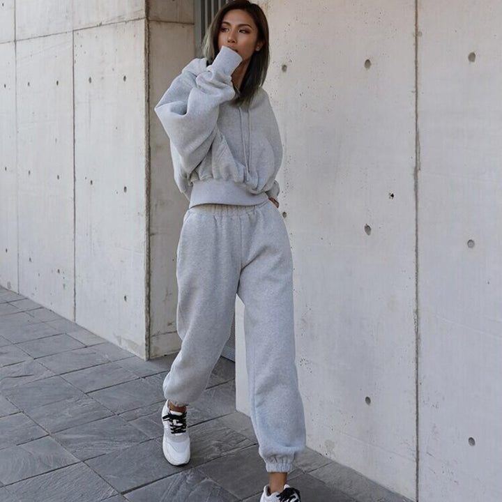 Damen nan kuscheliges kurzes Kapuzenpullover- und hochgeschnittene Jogginghose Set Drune