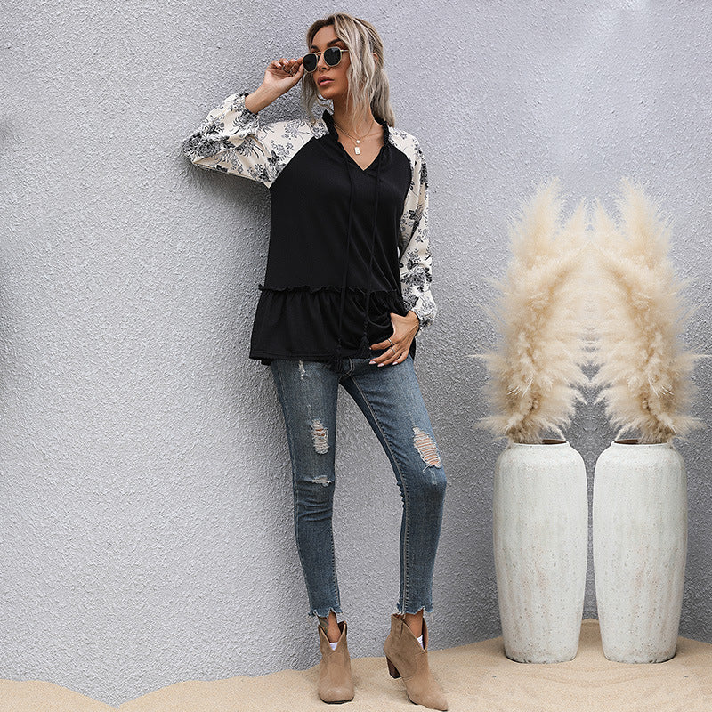 Damen lässige Bluse mit floralem Design und voluminösen Ärmeln Drune