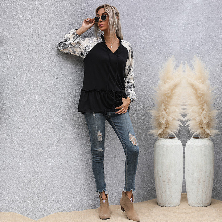 Damen lässige Bluse mit floralem Design und voluminösen Ärmeln Drune
