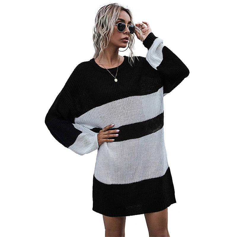 Damen Oversized Strickkleid mit modischem Blockstreifenmuster Drune