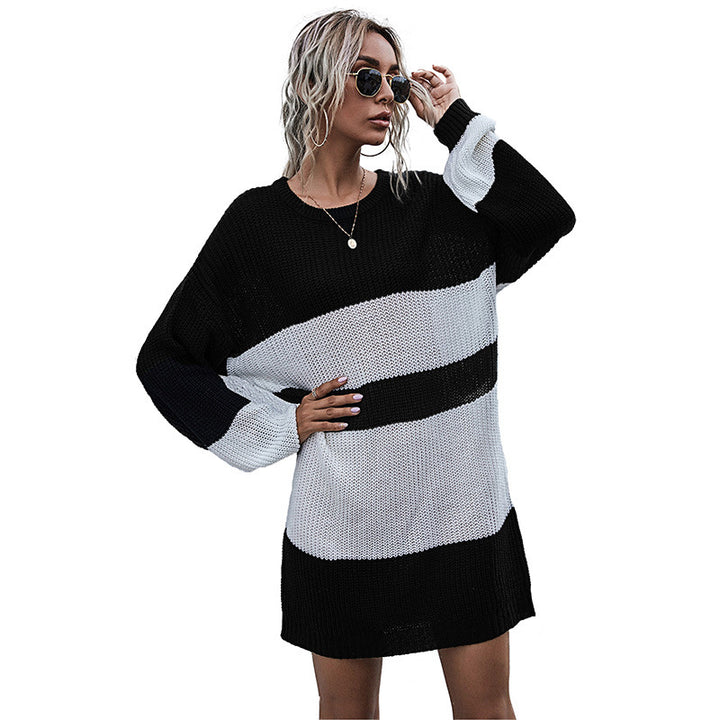 Damen Oversized Strickkleid mit modischem Blockstreifenmuster Drune