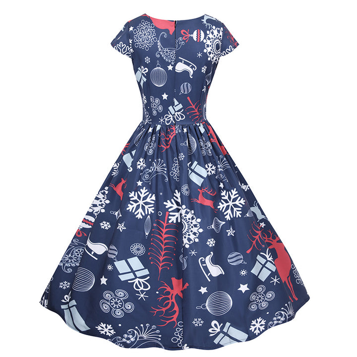 Damen Retro Weihnachtskleid mit ausgestelltem Rock und fantasievollem Print Drune