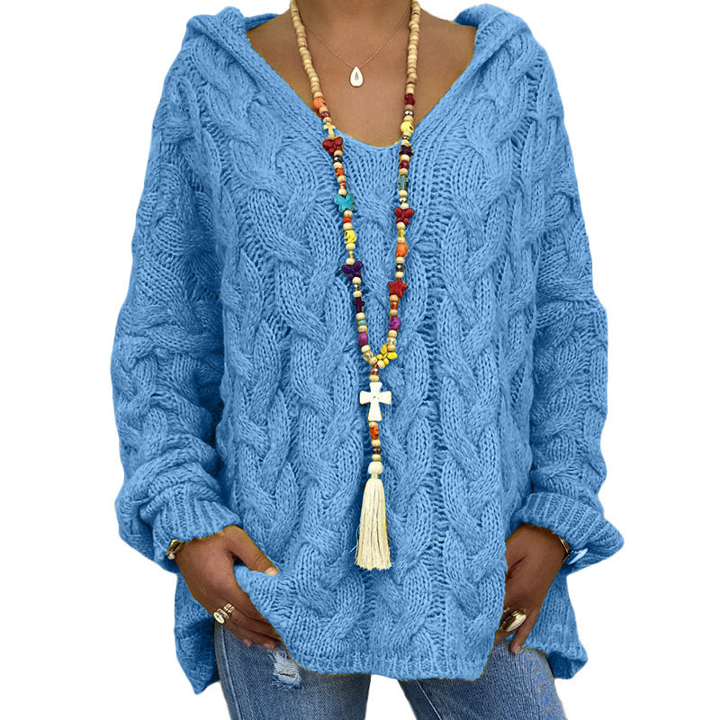 Damen nan oversized Kapuzenpullover mit Zopfmuster, tiefem V-Ausschnitt und seitlichen Schlitzen Drune