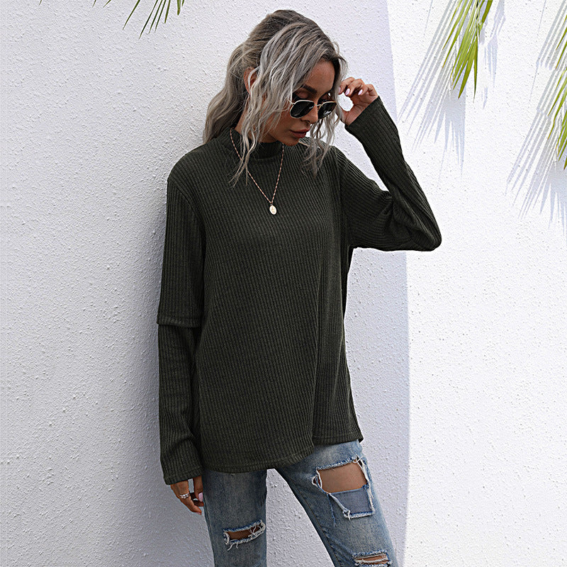Damen lässiger Pullover mit hohem Kragen und strukturiertem Waffelmuster Drune