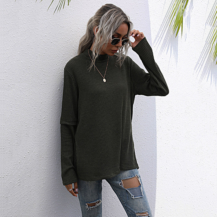 Damen lässiger Pullover mit hohem Kragen und strukturiertem Waffelmuster Drune