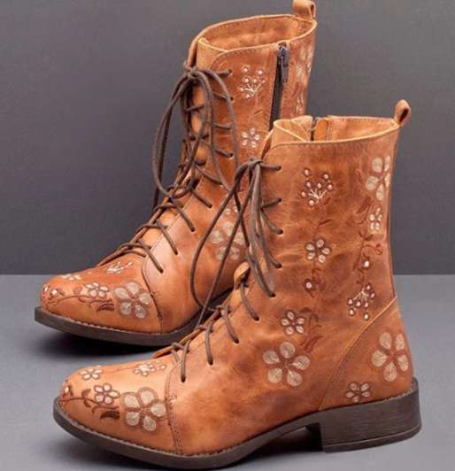 Damen bestickte Combat-Stiefelette mit floralem Stickmotiv, seitlicher Reißverschluss und gepolstertem Komfortfußbett Drune