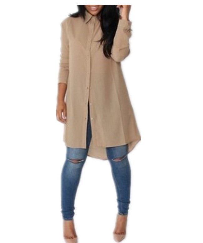 Damen Langarm-Hemdblusenkleid mit asymmetrischem Saum und eleganten Knopfdetails Drune