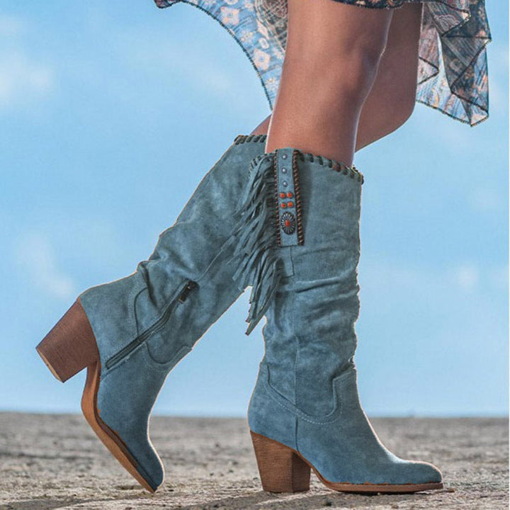 Drune | kniehohe Stiefel - Kunstwildleder - Fransen und Nieten - Westernstil - Blockabsatz