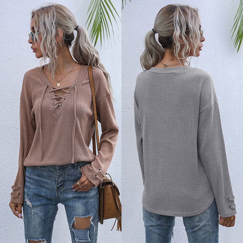 Damen lässiger Pullover mit Schnürungsdetails und lockerer Passform Drune