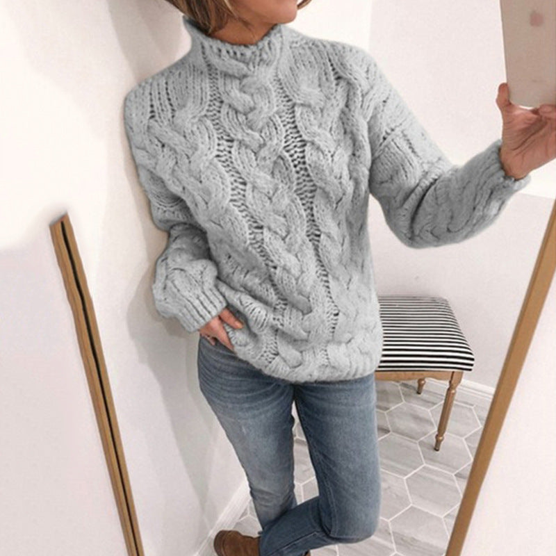 Damen Strickpullover mit extravagantem Zopfmuster und hohen Kragen Drune