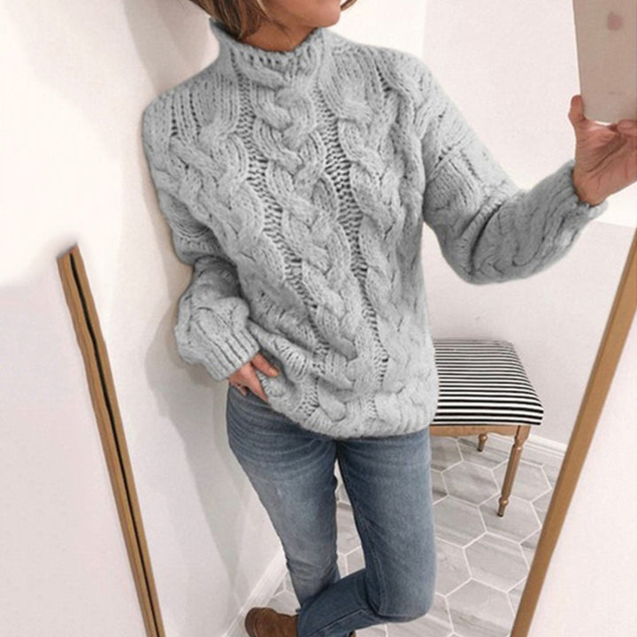 Damen Strickpullover mit extravagantem Zopfmuster und hohen Kragen Drune