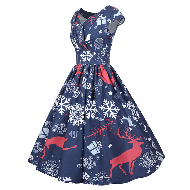 Damen Retro Weihnachtskleid mit ausgestelltem Rock und fantasievollem Print Drune