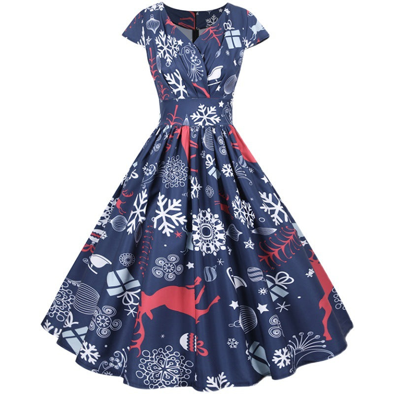 Damen Retro Weihnachtskleid mit ausgestelltem Rock und fantasievollem Print Drune