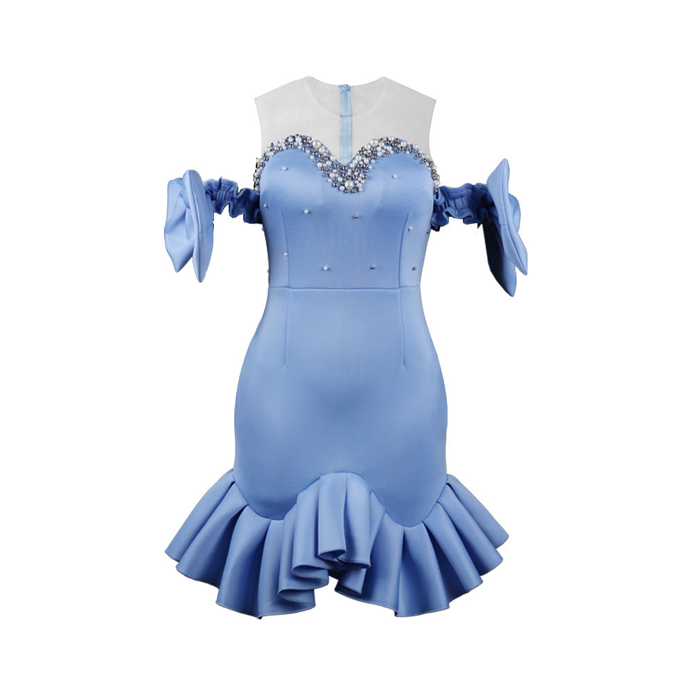 Damen Abendkleid mit transparenten Puffärmeln und Rüschenrand Drune
