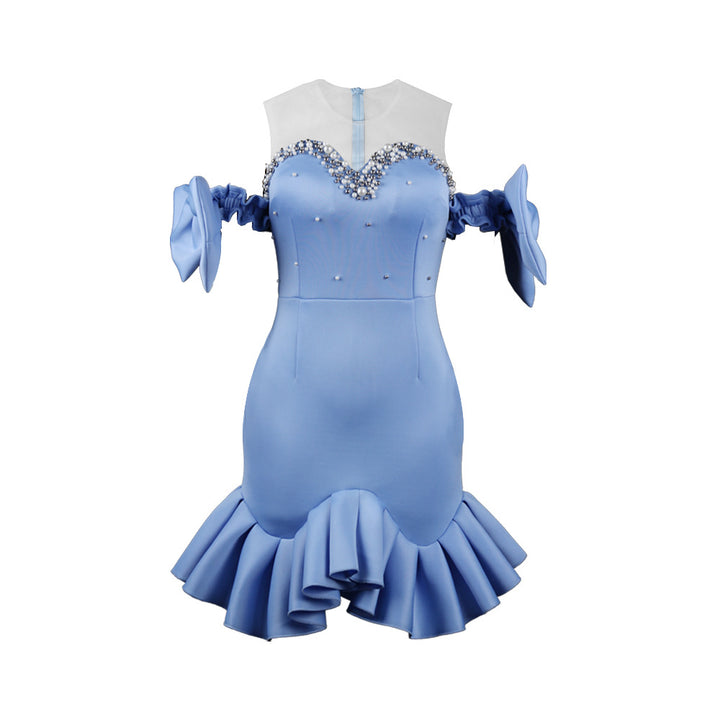 Damen Abendkleid mit transparenten Puffärmeln und Rüschenrand Drune