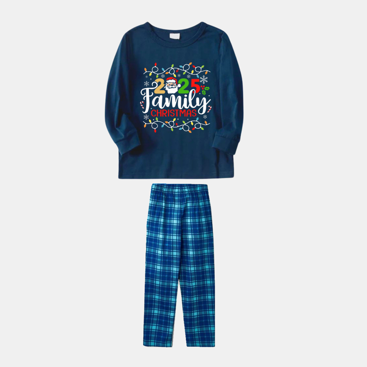 Drune | Marineblaues und Himmelblaues Karierter Weihnachts-Pyjama-Set mit Weihnachtslichtern und "2025 Familienweihnachten" Textdruck