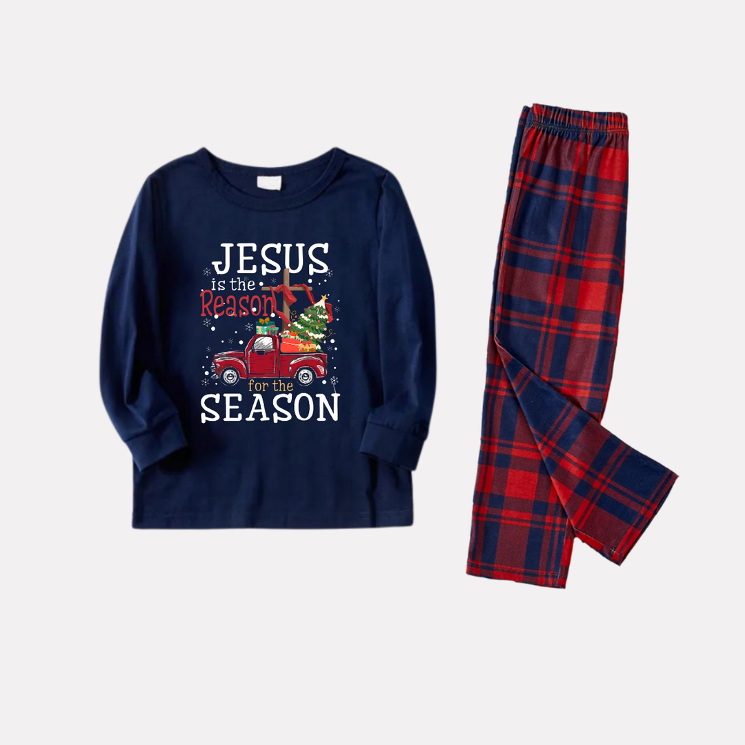 Drune | Marineblaues & Rotes Karomuster Weihnachten Schlafanzug Set mit „Jesus ist der Grund für die Jahreszeit“ Textdruck