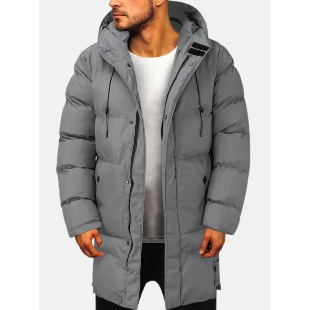 Drune | Herren Winter langer Steppmantel mit Kordelkapuze und Reißverschluss Vorderseite