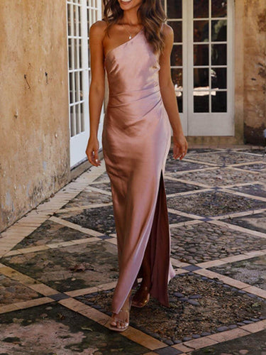 Drune | Ein Schulter Satin Maxikleid Mit Schlitz Für Damen