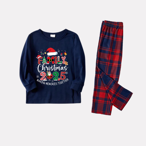 Drune | Marineblaues und rotes karriertes Weihnachts-Pyjama-Set mit dem Textdruck 