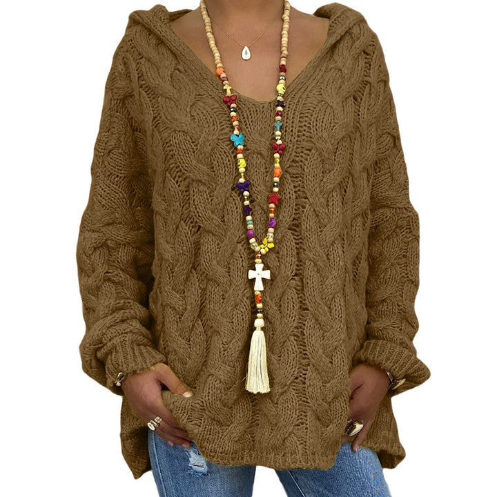 Damen nan oversized Kapuzenpullover mit Zopfmuster, tiefem V-Ausschnitt und seitlichen Schlitzen Drune