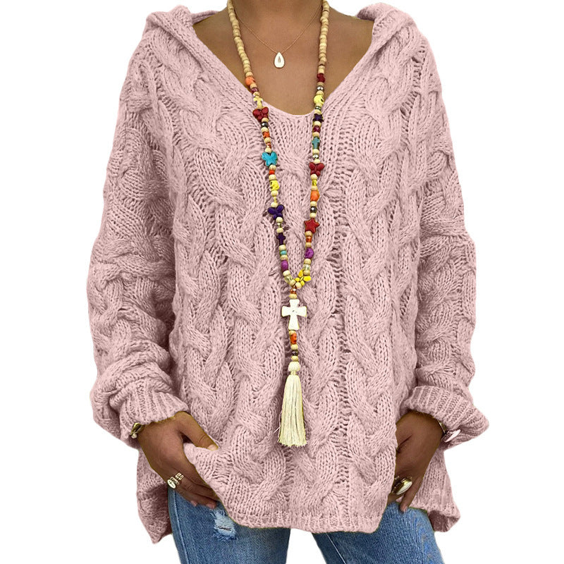 Damen nan oversized Kapuzenpullover mit Zopfmuster, tiefem V-Ausschnitt und seitlichen Schlitzen Drune