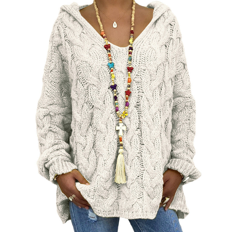 Damen nan oversized Kapuzenpullover mit Zopfmuster, tiefem V-Ausschnitt und seitlichen Schlitzen Drune