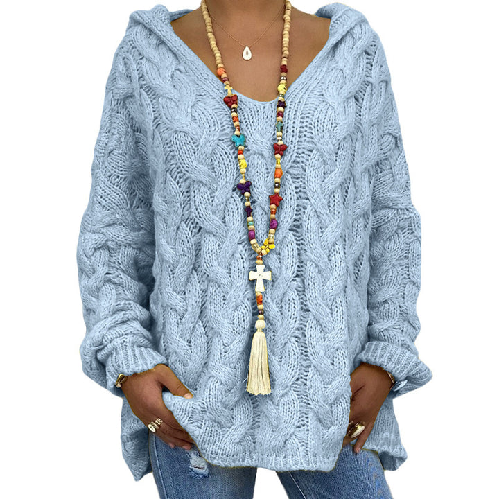 Damen nan oversized Kapuzenpullover mit Zopfmuster, tiefem V-Ausschnitt und seitlichen Schlitzen Drune