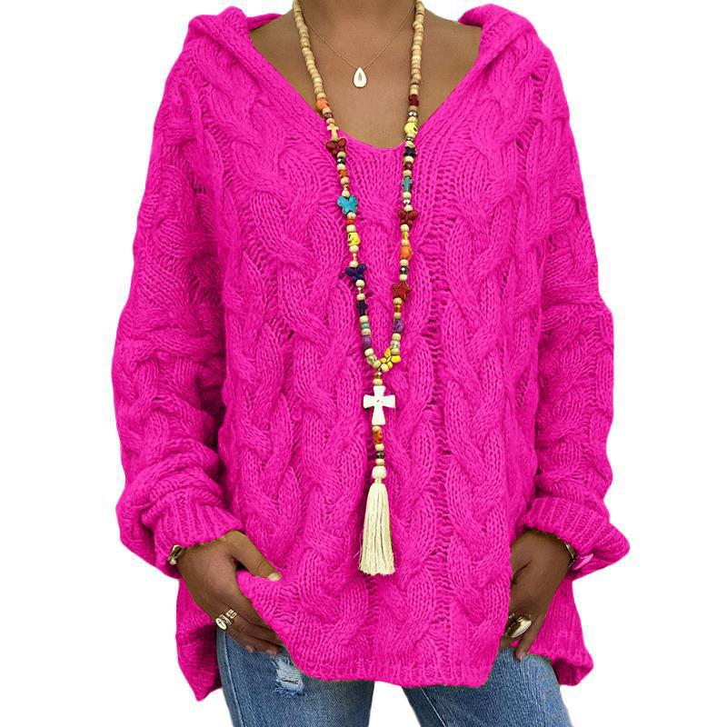 Damen nan oversized Kapuzenpullover mit Zopfmuster, tiefem V-Ausschnitt und seitlichen Schlitzen Drune