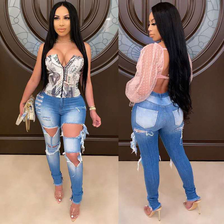 Damen Skinny Jeans mit modischem Destroyed-Look und hohem Bund Drune