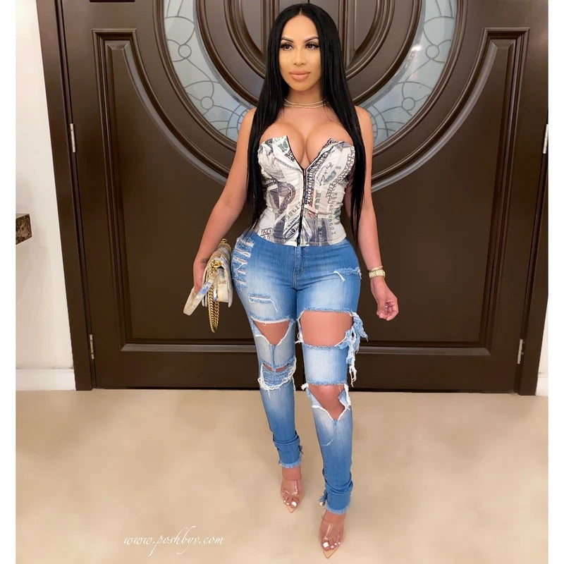 Damen Skinny Jeans mit modischem Destroyed-Look und hohem Bund Drune