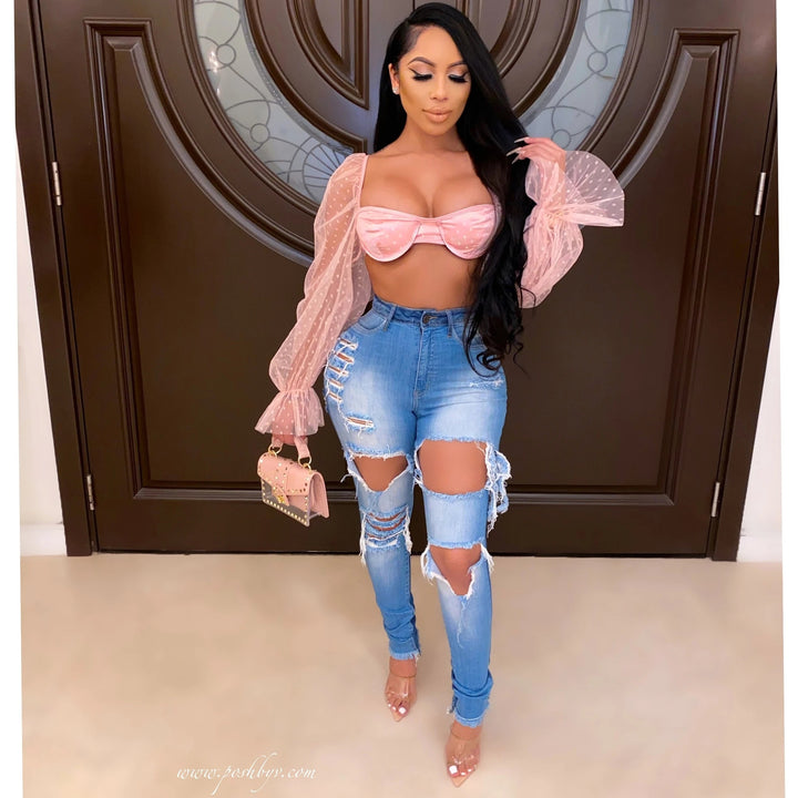 Damen Skinny Jeans mit modischem Destroyed-Look und hohem Bund Drune