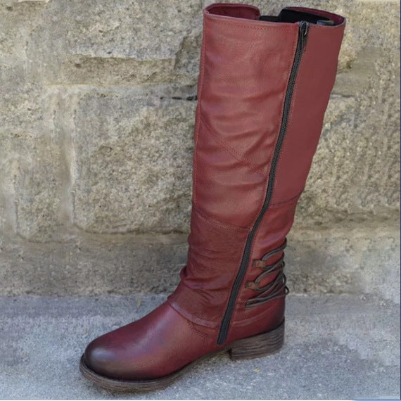 Damen nan wadenhohe Stiefel in Lederoptik mit verstellbaren Zierriemen und profilierter Gummisohle Drune