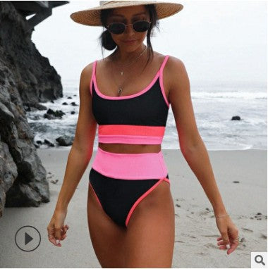 Damen Hoch tailliertes Bikini-Set mit modischen Blockstreifen Drune