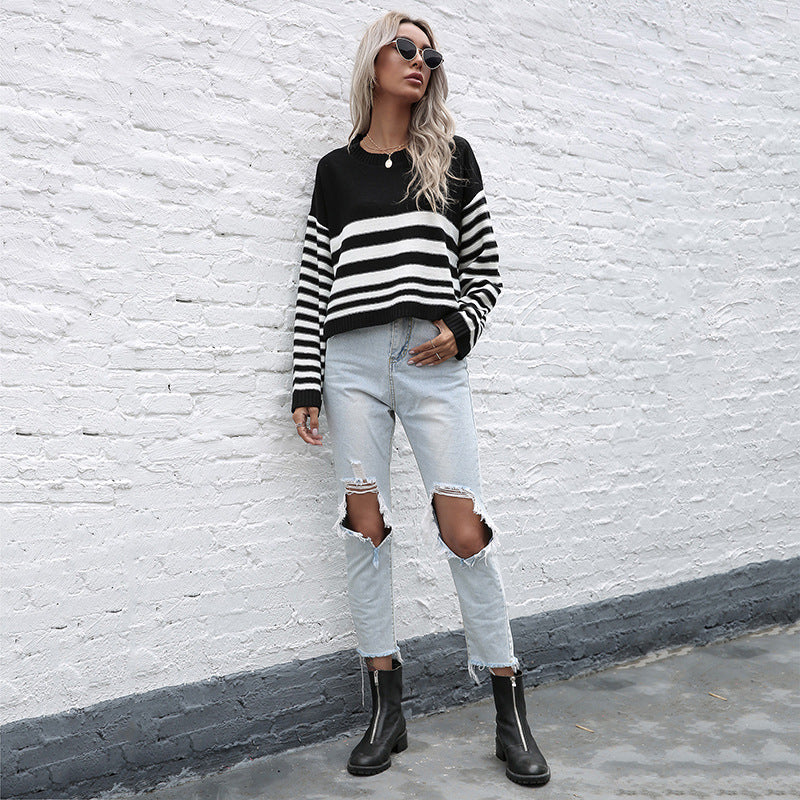 Damen modischer gestreifter Pullover mit weitem Schnitt Drune