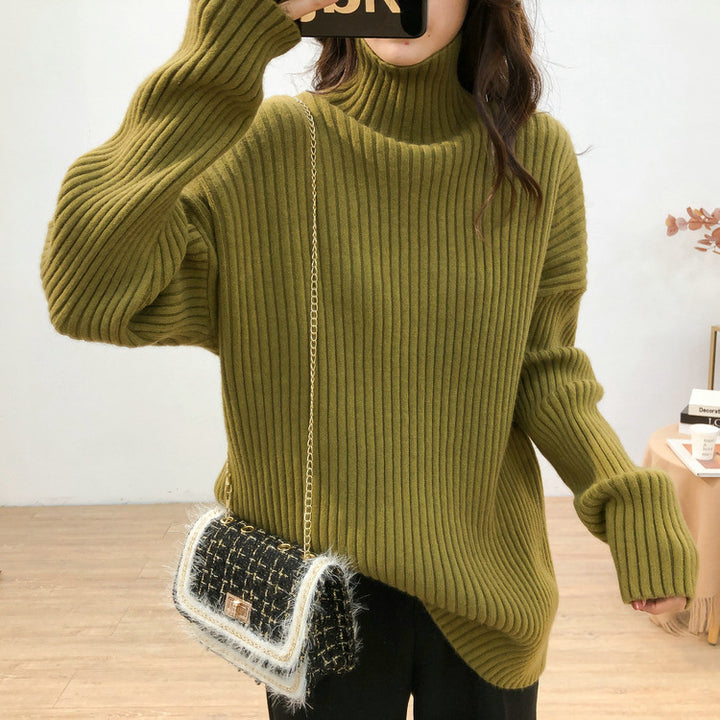 Damen Grobstrickpullover mit hohem Kragen und feiner Rippstruktur Drune