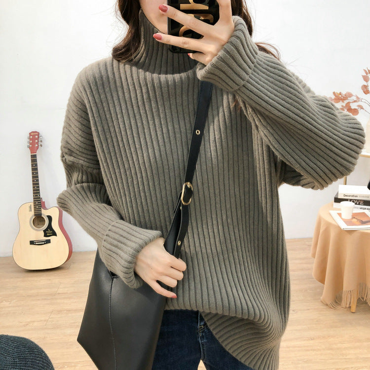 Damen Grobstrickpullover mit hohem Kragen und feiner Rippstruktur Drune