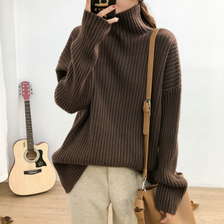 Damen Grobstrickpullover mit hohem Kragen und feiner Rippstruktur Drune