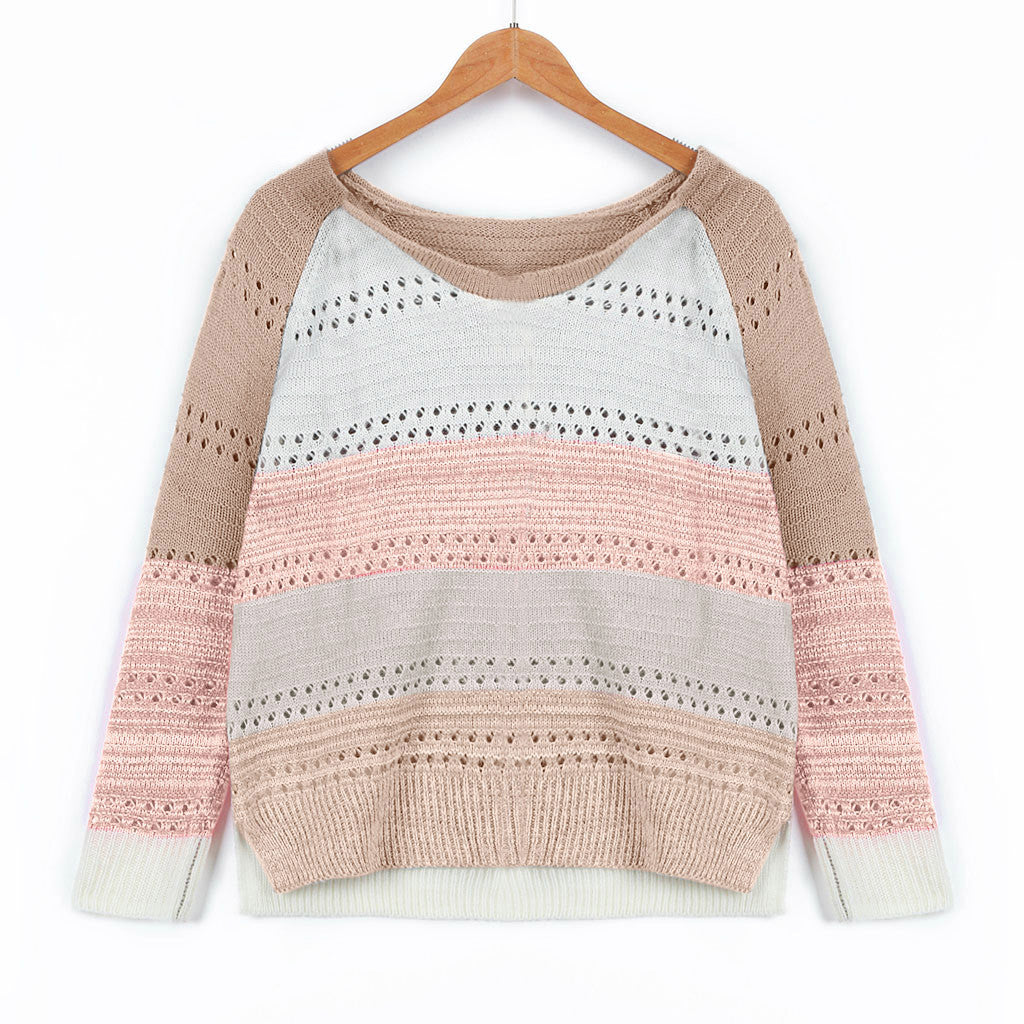Damen Strickpullover mit modernen Streifen und feinen Lochmustern Drune