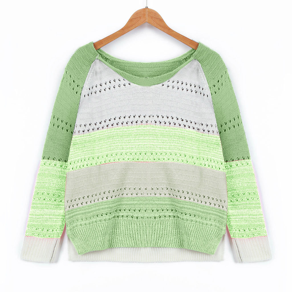 Damen Strickpullover mit modernen Streifen und feinen Lochmustern Drune