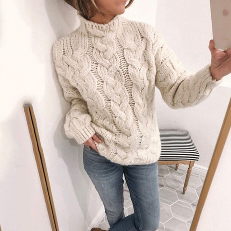 Damen Grobstrickpullover mit Kunststrickmuster und hohem Kragen Drune