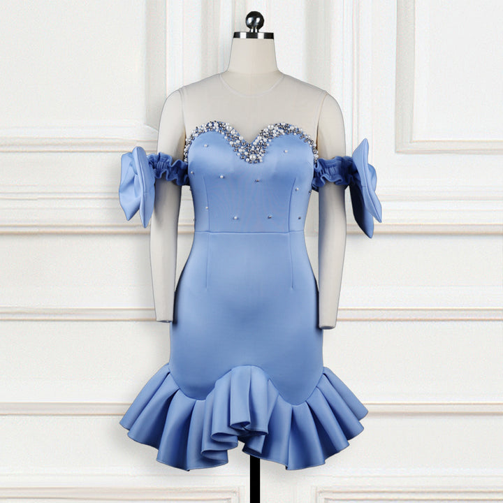 Damen Abendkleid mit transparenten Puffärmeln und Rüschenrand Drune