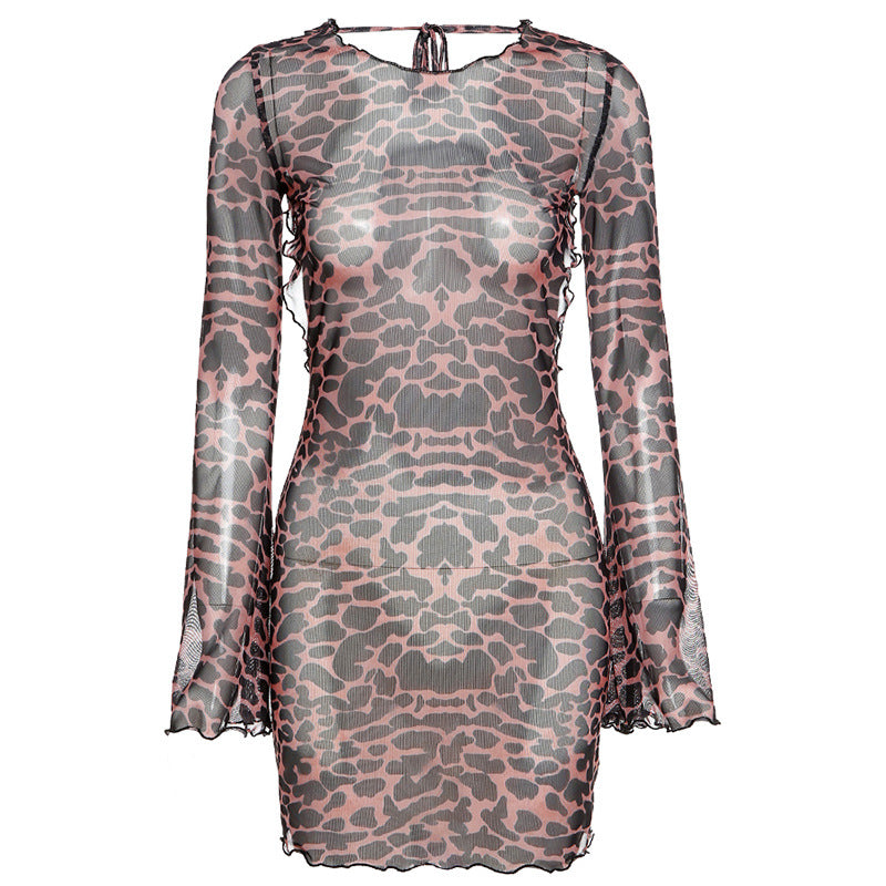 Damen Transparente Minikleid mit elegantem Leo-Print und weiten Ärmel Drune